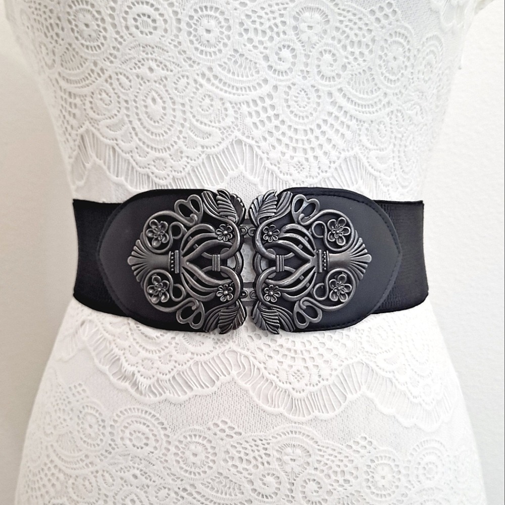 Black Stretch Waist Belt with Decorative Silver-Tone Floral Buckle